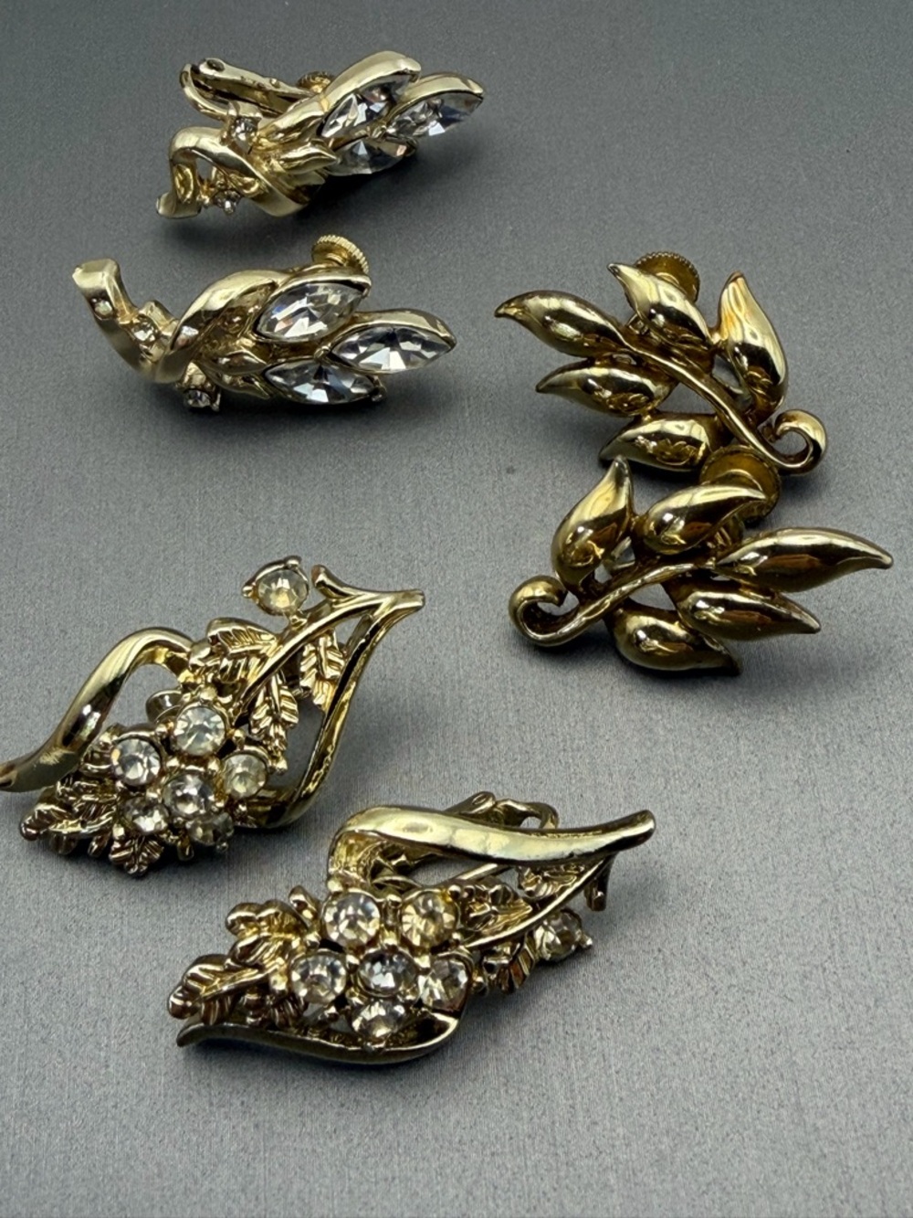 Vintage Signed Coro Gold Tone Rhinestone Leaf Clip Earrings - Set of 3 Pairs
